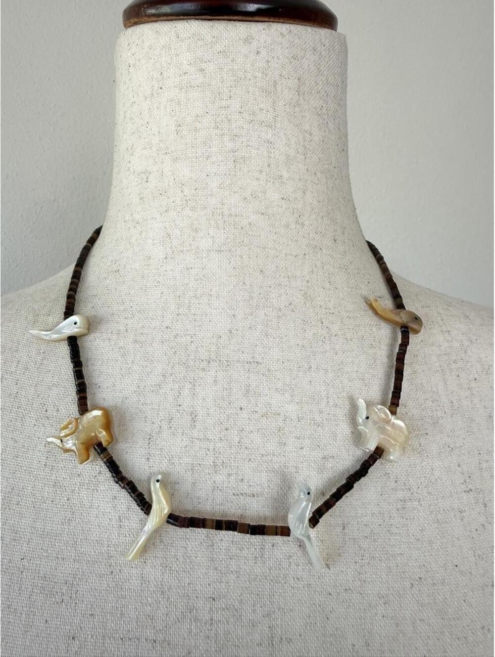 Vintage Carved Mother of Pearl Bird & Elephant Necklace